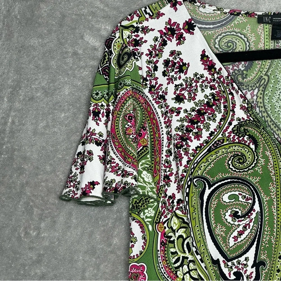 INC International Concepts 1X Shirt Top Green Paisley Cap Short Sleeve V Neck - Picture 4 of 7